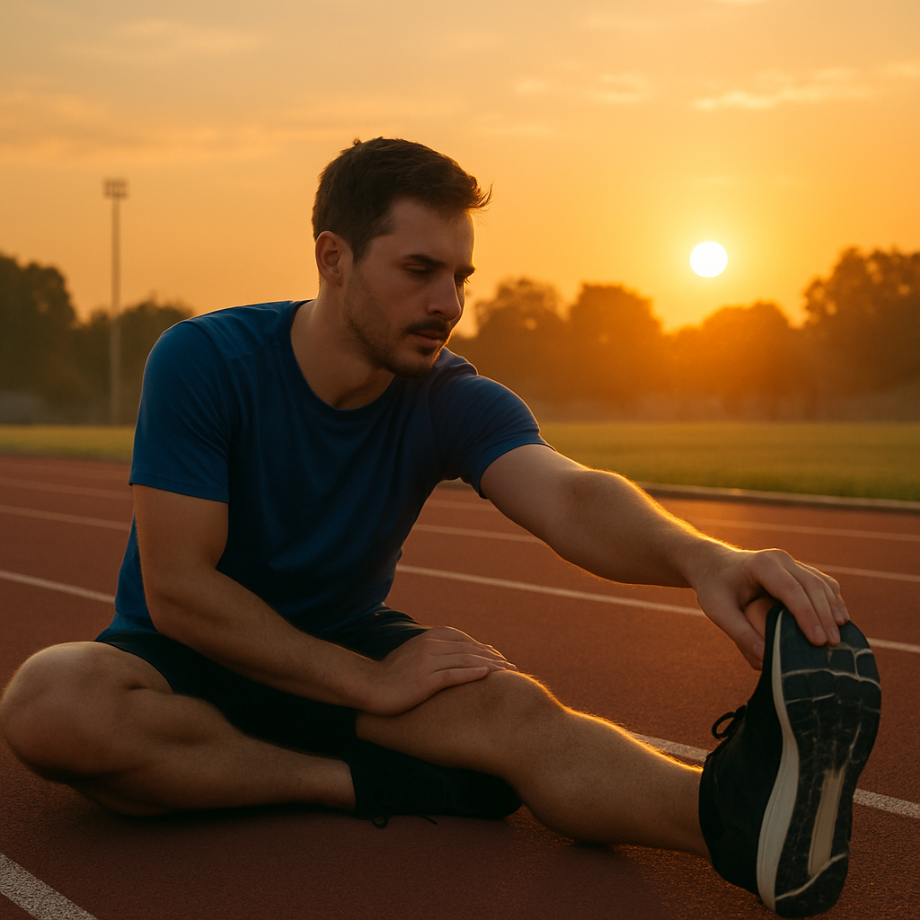 A simple and clear photo of a runner stretching calmly on a track after a run, with the sun setting in the background