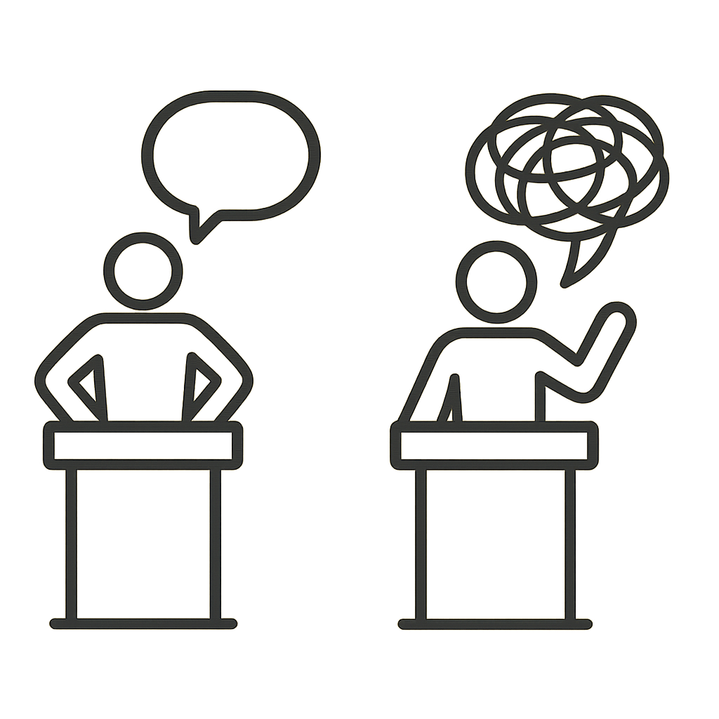 A simple, minimalist icon of a person standing confidently at a podium, next to an icon of a person rambling with a tangled speech bubble