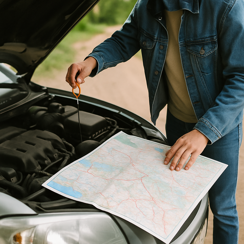 A person standing next to a car with the hood up, checking the oil, with a map spread out on the hood. This visually represents internal and external analysis before a trip