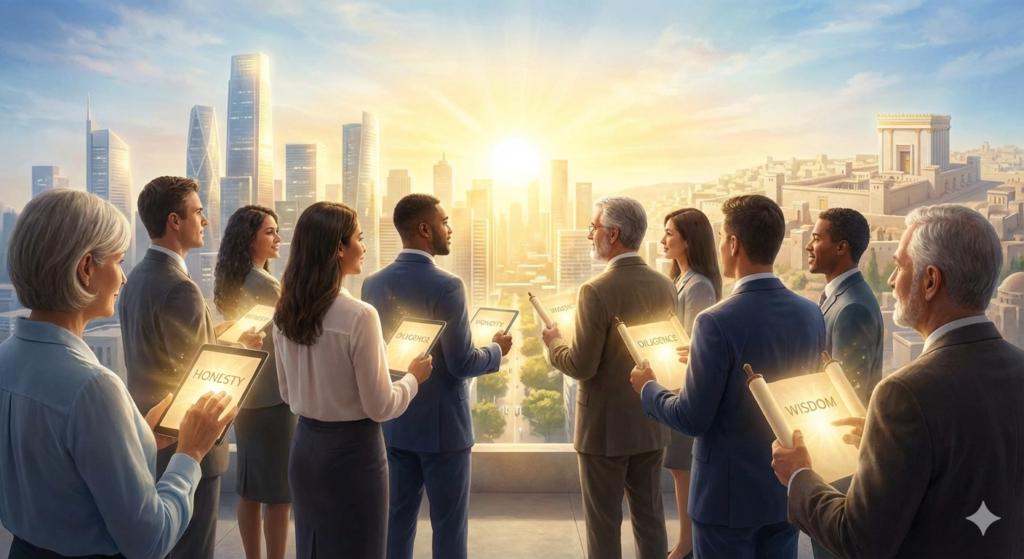 Gemini_Generated_Image_helsl5helsl5hels 4 - Taylor Advisors A diverse group of leaders on a high vantage point, looking out at a rising sun over a city, holding tablets that glow with biblical faith-based leadership ethics principles.