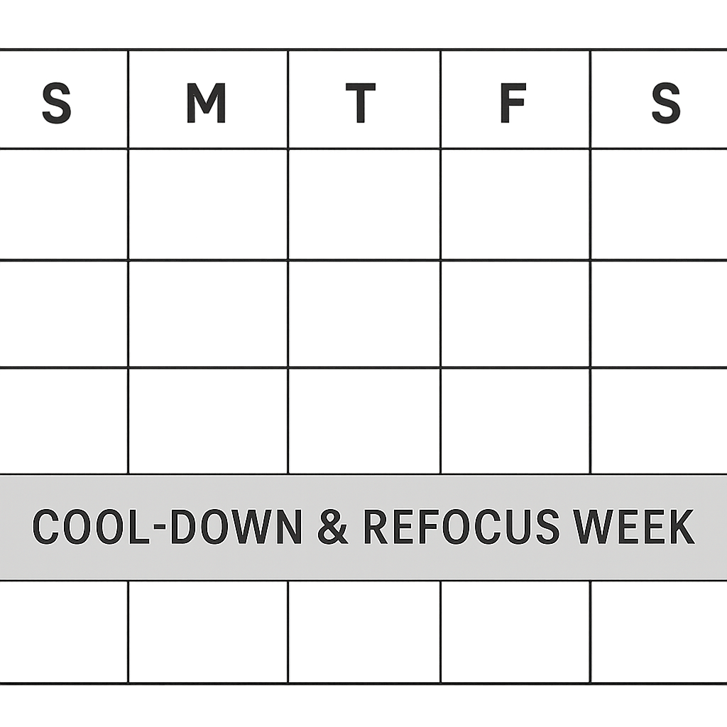 A simple graphic of a monthly calendar with one week shaded and labeled "Cool-Down & Refocus Week."